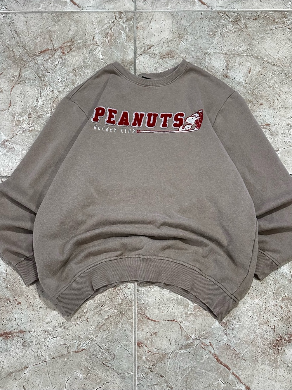 H&M Peanuts Hockey Club Taupe Crewneck with Red Logo